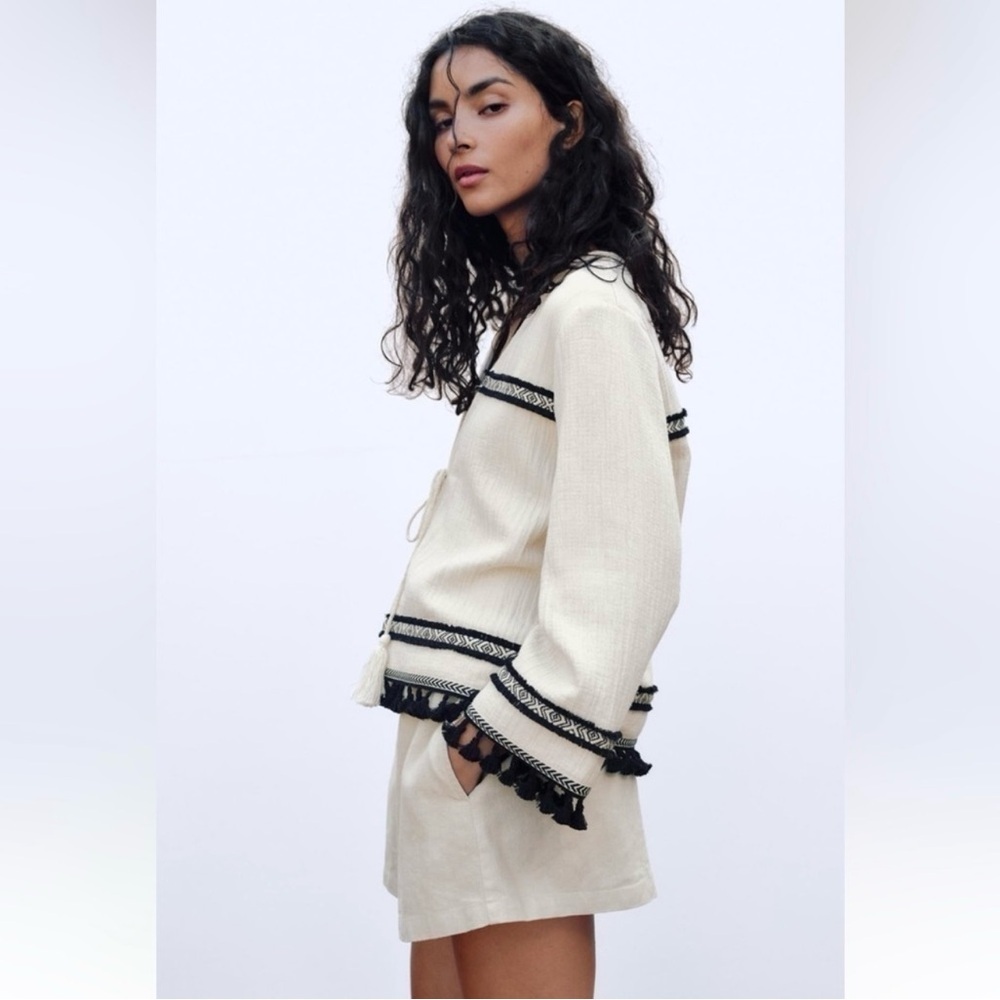Zara Fringed Passementerie Jacket Cream and Black Long Sleeve - Picture 7 of 16